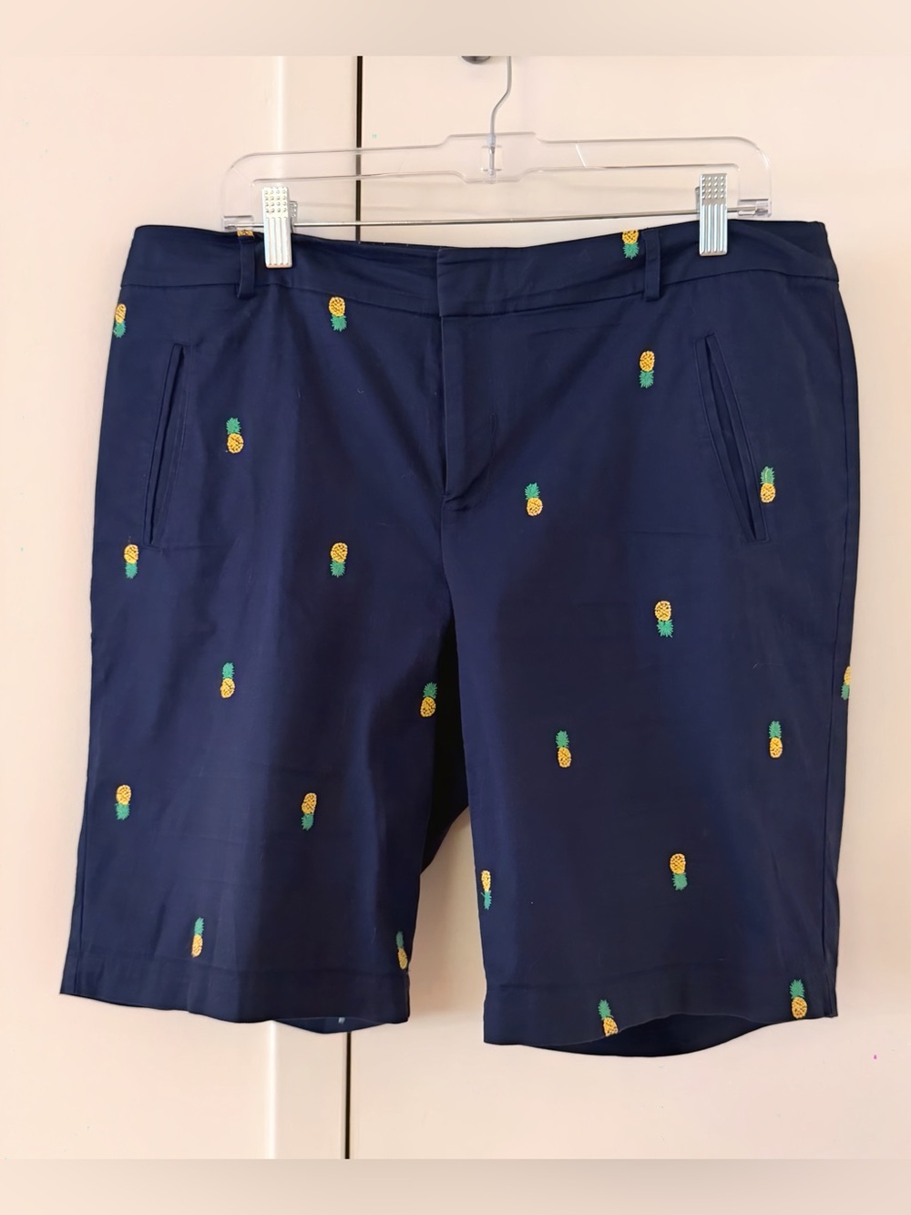 Navy Blue Pineapple Embroidered Chino Shorts